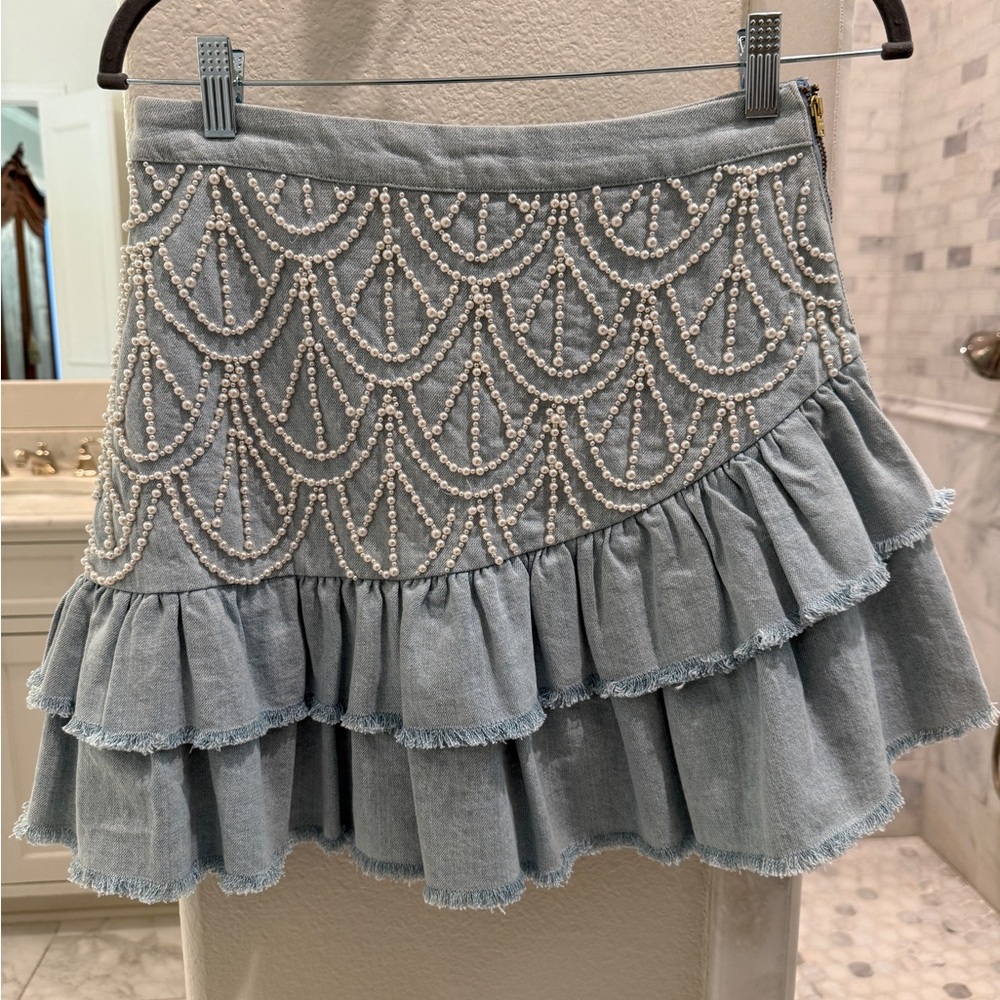 LoveShackFancy light blue denim Embellished A-Line Mini Skirt - Picture 4 of 8